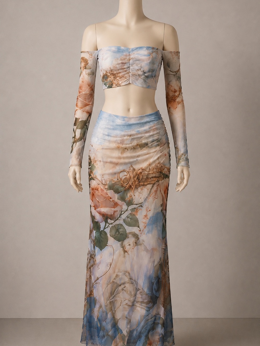 Endless Moon Floral Watercolor Mesh Maxi Skirt - Blue & Peach with Cherub